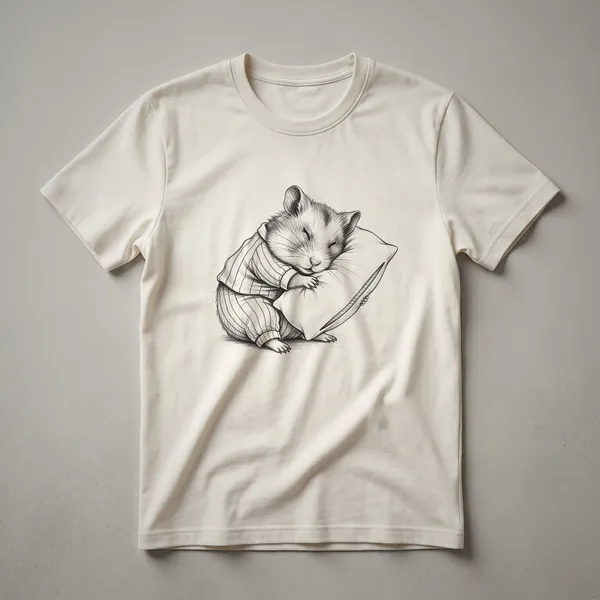 A white t-shirt with a vintage-style drawing of a sleeping hamster wearing blue pajamas and a nightcap.