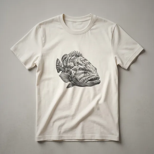 A black graphic t-shirt featuring a vintage-style drawing of a grouper fish in shades of grey and white.