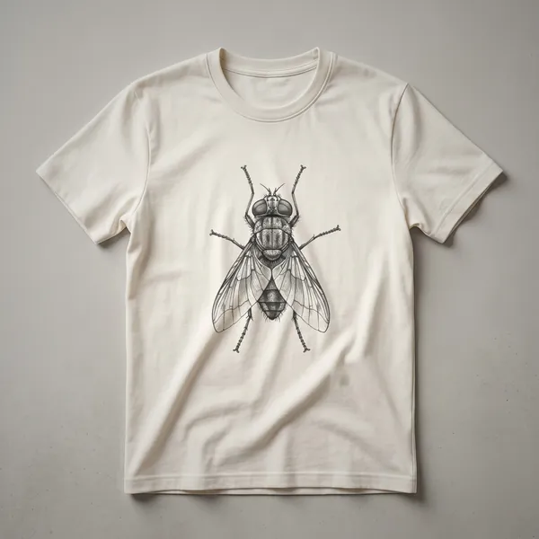 Black and white vintage line drawing of a horsefly on a white t-shirt, showcasing intricate details of its wings and body.
