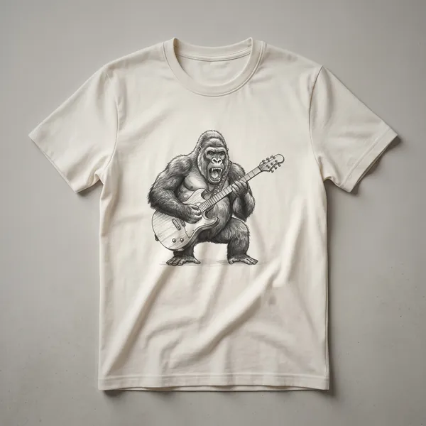 Black graphic t-shirt featuring a stylized gorilla playing an electric guitar with a vibrant, energetic pose.