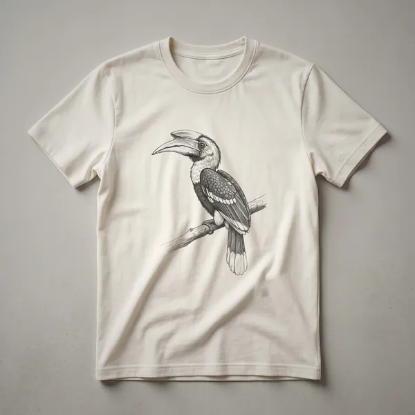 A black graphic t-shirt featuring a vintage drawing of a hornbill bird with a large, distinctive bill.