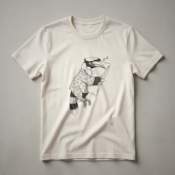 White graphic t-shirt with a drawing of a hornbill wearing blue pajamas and sleeping, set against a plain background.