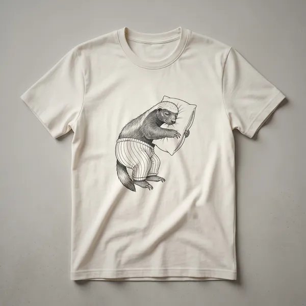 White graphic t-shirt featuring a drawing of a sleepy honey badger with closed eyes and a relaxed expression.