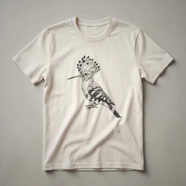 A vintage black and white line drawing of a Hoopoe bird, shown in profile with its crest extended, printed on a white t-shirt.