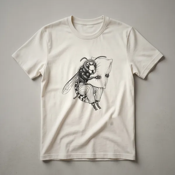 White graphic t-shirt featuring a cartoon drawing of a sleepy hornet wearing blue striped pajamas and a nightcap.