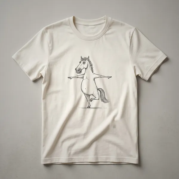 Black t-shirt featuring a minimalist white line drawing of a horse in a serene yoga pose, such as downward-facing dog or a seated meditation.