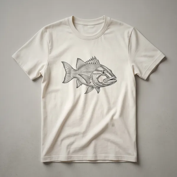 A vintage-style line drawing of a hogfish fish on a black t-shirt, showcasing its distinctive snout and fins.