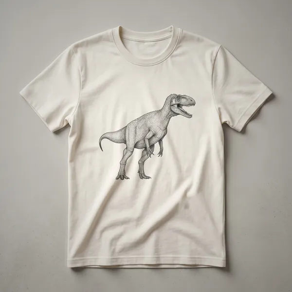 A vintage-style black and white line drawing of a Herrerasaurus dinosaur, depicted in profile on a white t-shirt.