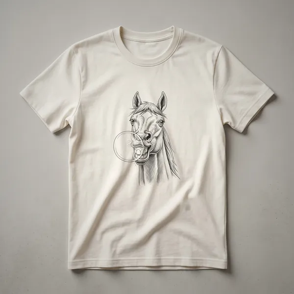 White graphic t-shirt featuring a black line drawing of a horse's head with its tongue sticking out in a humorous, sketchy art style.
