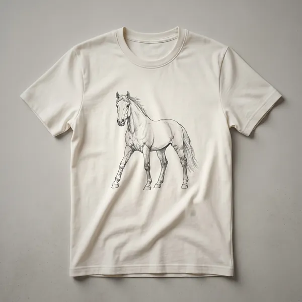Black and white vintage line drawing of a horse's head in profile on a t-shirt, showcasing equine artistry.