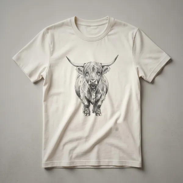 A vintage drawing of a Highland cattle's head with long, shaggy hair and horns, printed on a white t-shirt.