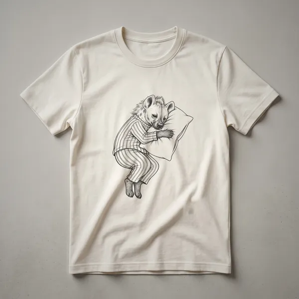 White graphic t-shirt with a hand-drawn illustration of a sleepy hyena wearing blue striped pajamas and a nightcap, with closed eyes.