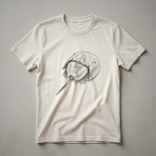 A vintage horseshoe crab drawing on a black t-shirt, showcasing its carapace and tail.