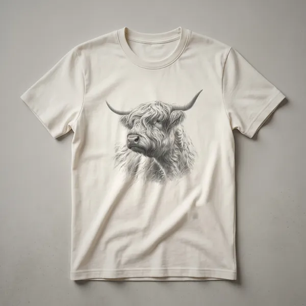 A black t-shirt featuring a vintage sketch art design of a Highland cattle's head in profile, showcasing its shaggy fur and horns.
