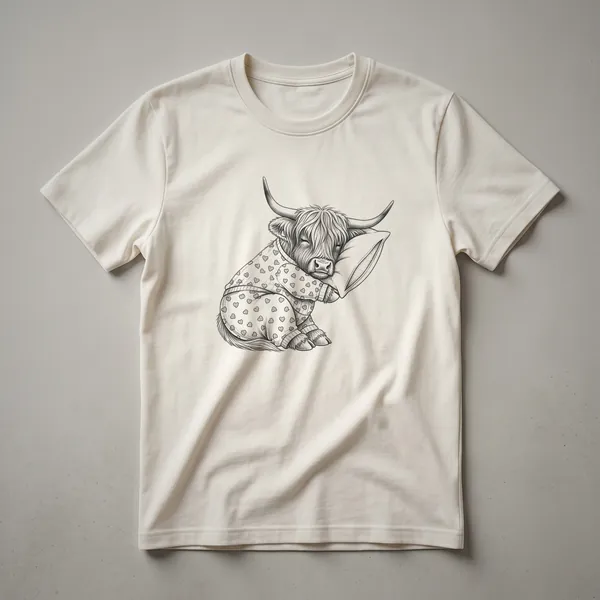 A vintage-style drawing of a sleepy Highland cow wearing pajamas, printed on a white t-shirt.