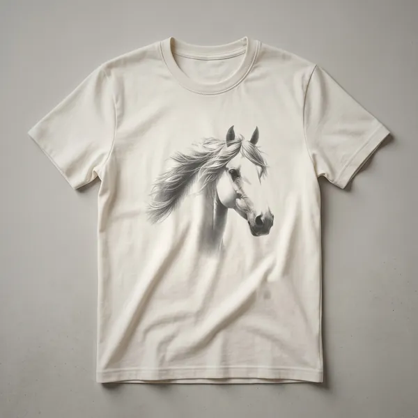 A black and white line drawing of a horse's head, presented on a white t-shirt with a vintage aesthetic.
