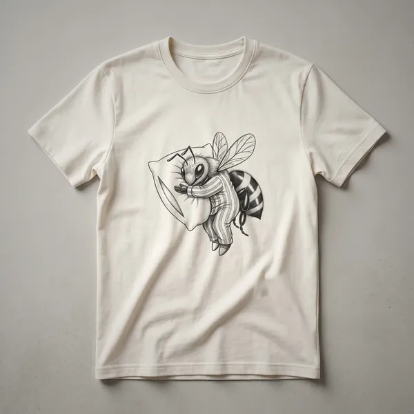 White line drawing of a sleepy bee with closed eyes on a black t-shirt, showcasing a minimalist art style.
