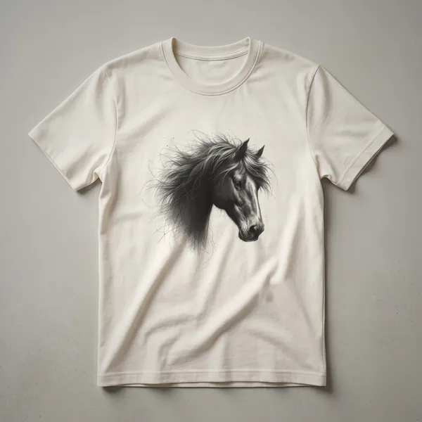 Black and white vintage drawing of a horse's head in profile on a t-shirt, showcasing its mane and noble features.