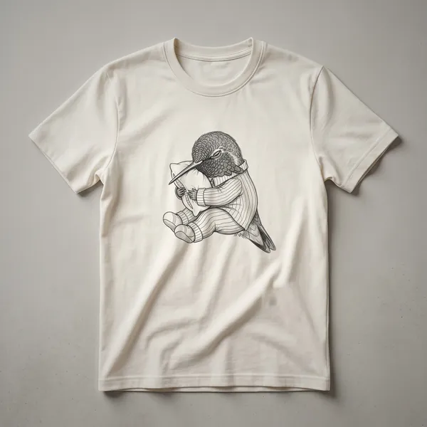 White line drawing of a sleepy hummingbird with closed eyes on a black t-shirt, showcasing a simple artistic design.