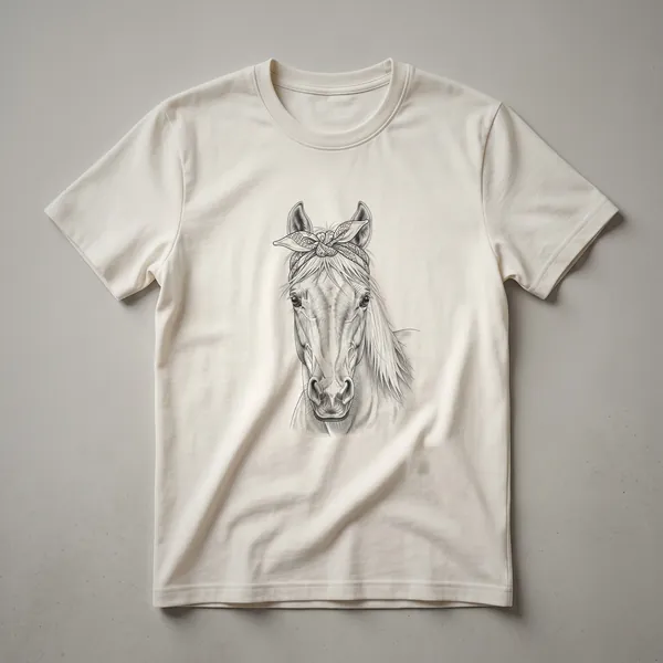 Black and white vintage drawing of a horse's head wearing a bandana, printed on a white t-shirt.