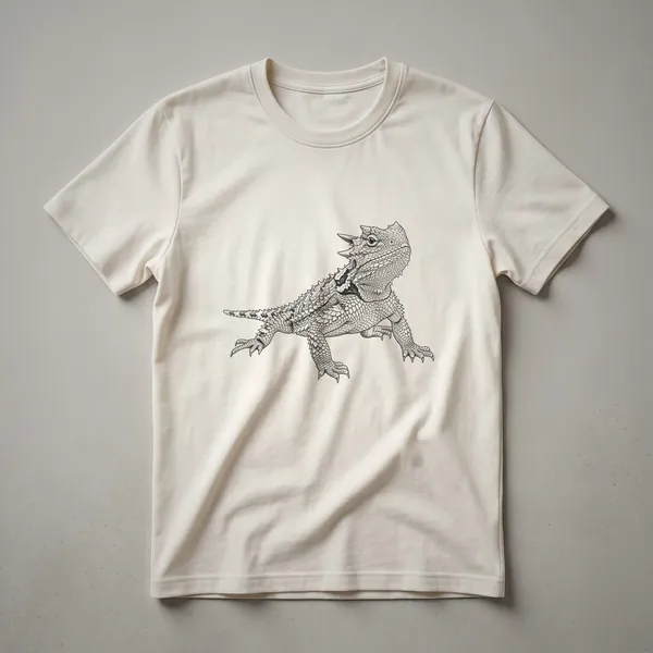 A vintage drawing of a horned lizard on a black t-shirt, showcasing its spiky head and textured scales.