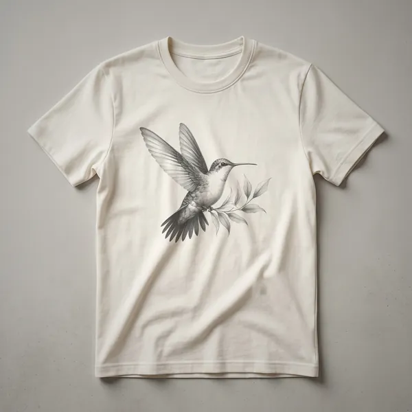 Black and white vintage sketch of a hummingbird in flight, detailed illustration on a white t-shirt, art design.