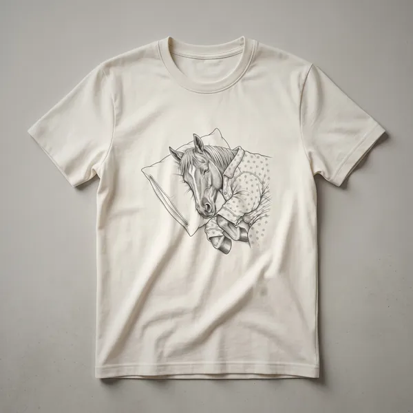 White graphic t-shirt featuring a black line drawing of a horse wearing striped pajamas and looking sleepy.