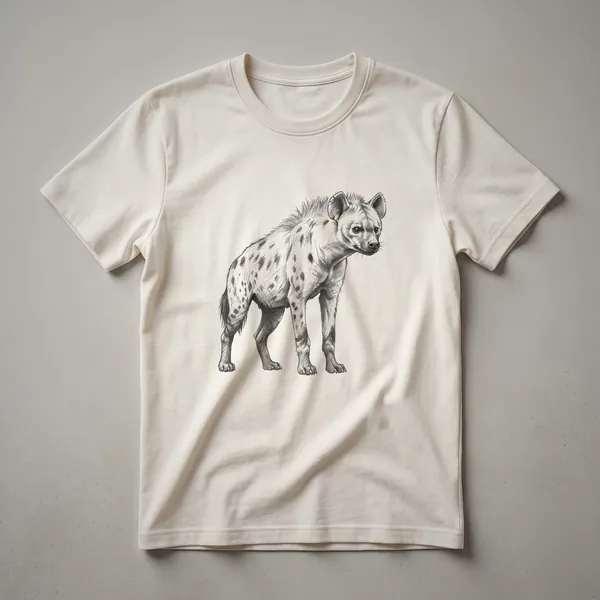 A black graphic t-shirt featuring a vintage-style drawing of a hyena in profile, rendered in black ink.