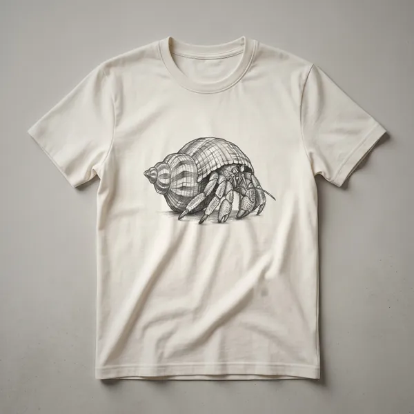 A vintage-style drawing of a hermit crab on a white t-shirt, showcasing intricate shell details and the creature's form.