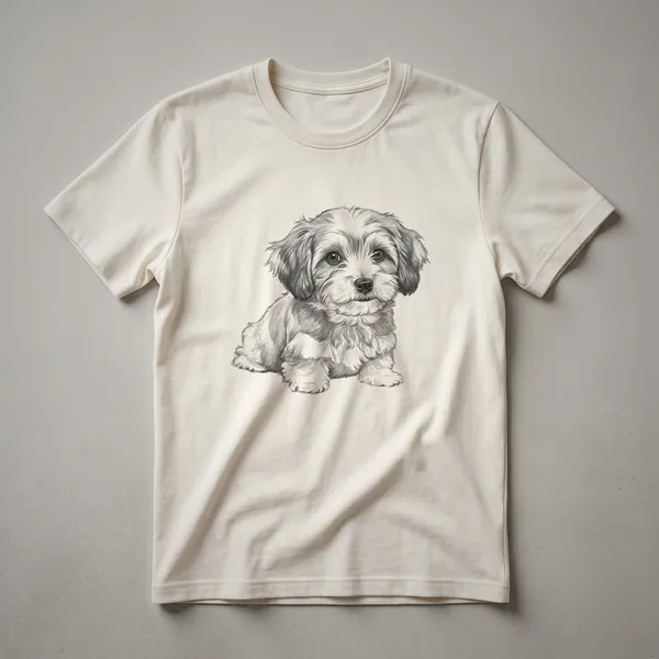 Black and white vintage sketch art of a Havanese dog's head, showcasing its expressive eyes and fluffy ears, printed on a t-shirt.