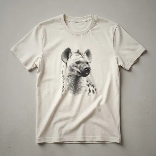 Black and white vintage sketch of a hyena's head in profile on a t-shirt, showcasing detailed linework.