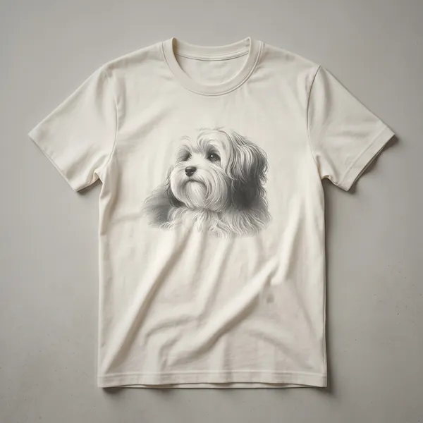 A vintage Havanese dog line drawing art design on a t-shirt, showcasing the dog's playful expression and distinctive coat.