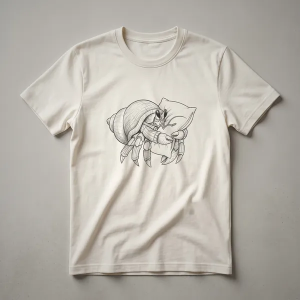 White graphic t-shirt featuring a cartoon drawing of a sleepy hermit crab wearing pajamas inside its shell.