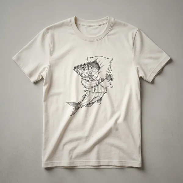 White graphic t-shirt with a black line drawing of a sleepy herring fish with closed eyes.