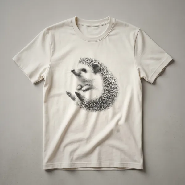 A vintage hedgehog line drawing graphic t-shirt in a classic art style, featuring detailed linework on a dark garment.