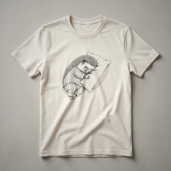 White graphic t-shirt with a black line drawing of a sleepy hedgehog wearing pajamas.