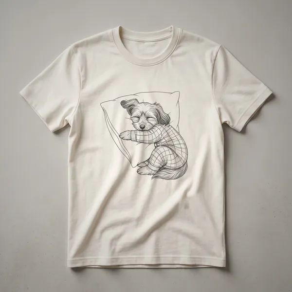 White t-shirt with a black line drawing of a Havanese dog wearing pajamas, looking sleepy.