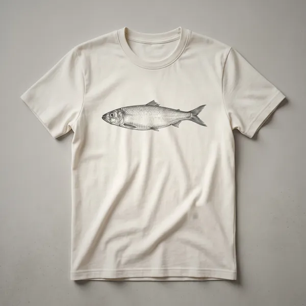 White t-shirt featuring a detailed black ink vintage-style drawing of a herring fish shown in profile, with subtle shading.