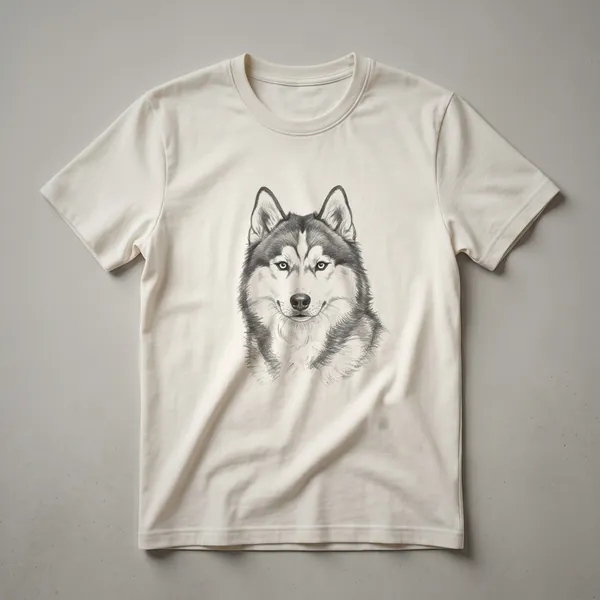 Black and white vintage drawing of a husky dog's head on a t-shirt, featuring detailed fur and expressive eyes.