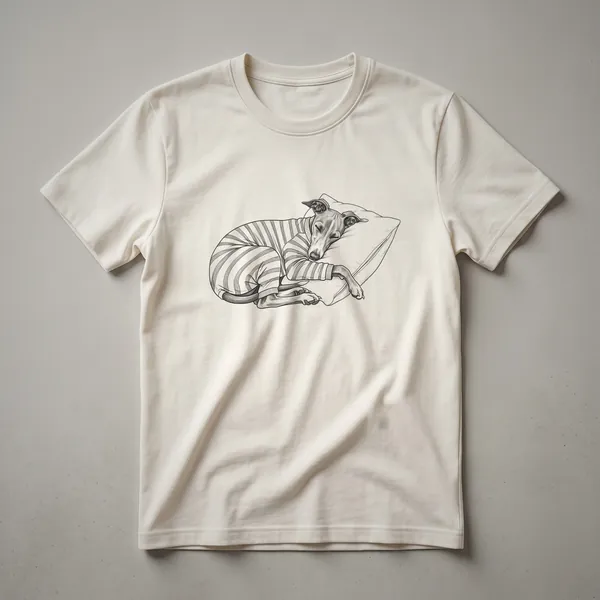 A white t-shirt featuring a black line drawing of a sleeping Italian Greyhound dog in a vintage art style.