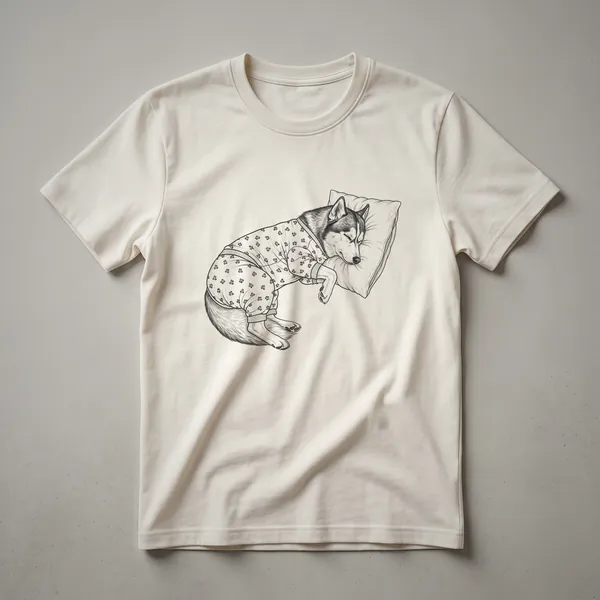 White graphic t-shirt featuring a stylized drawing of a sleeping husky dog wearing blue and white striped pajamas, with closed eyes and a peaceful expression.