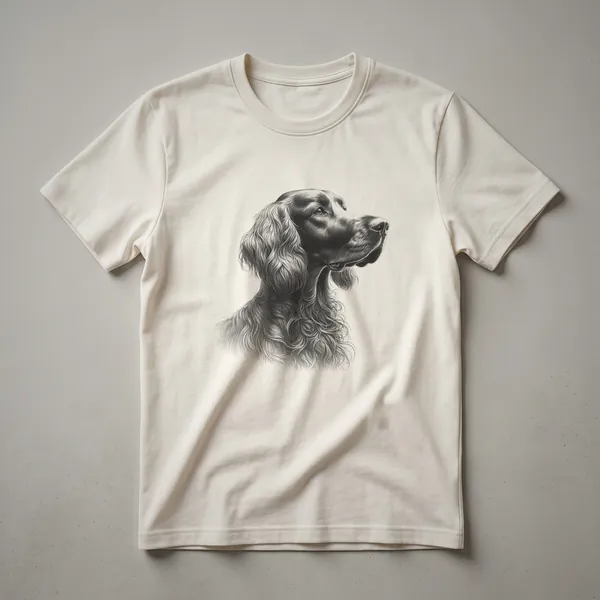 A white t-shirt featuring a vintage line drawing of an Irish Setter dog's face in black ink.