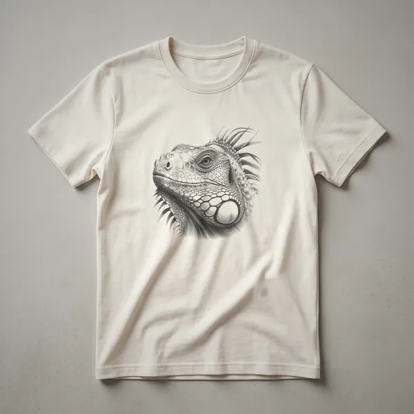 A vintage-style line drawing of an iguana's head is printed on a white t-shirt, showcasing intricate details of its face and crest.