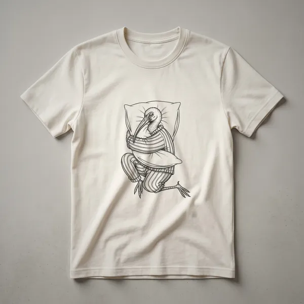 White graphic t-shirt featuring a black and white drawing of a sleeping ibis bird wearing striped pajamas and a nightcap.