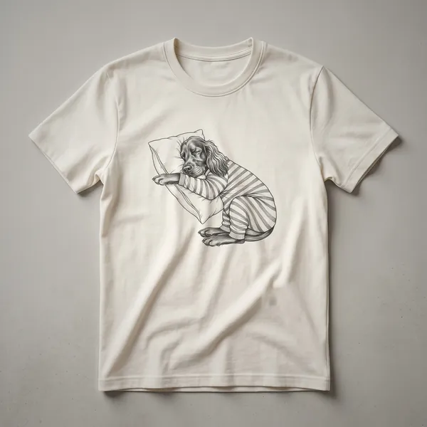 White graphic t-shirt featuring a black line drawing of a sleeping Irish Setter dog wearing pajamas, with the text 'Sleeping Pajama Irish Setter Drawing Art Design' below.
