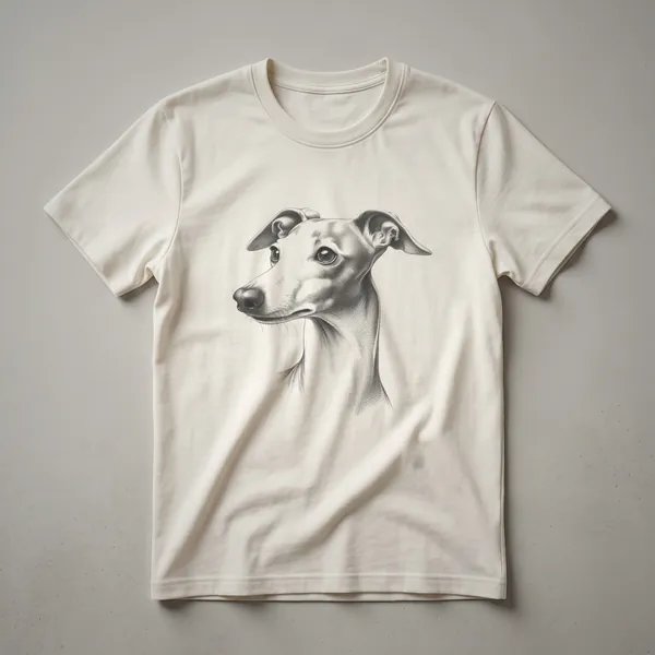 Black and white line drawing of an Italian Greyhound in profile on a white t-shirt.