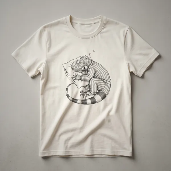 White graphic t-shirt with a drawing of a green iguana wearing blue and white striped pajamas, sleeping peacefully.