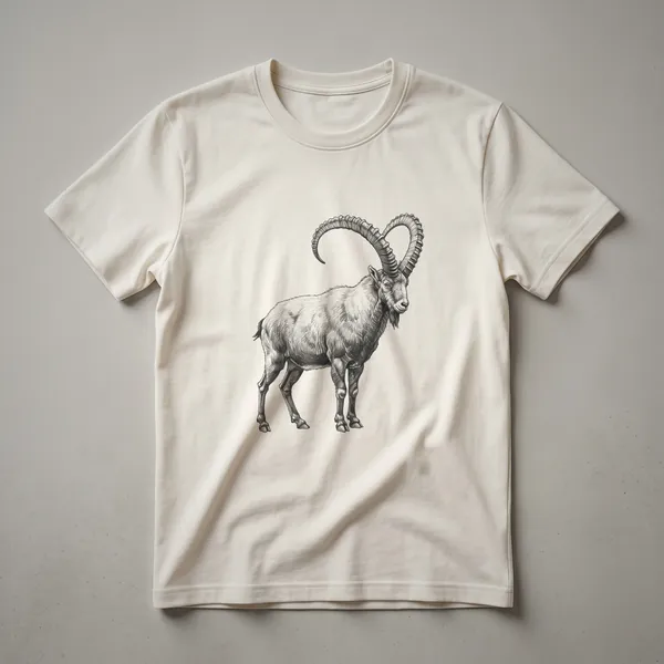A black and white vintage line drawing of an Ibex with prominent curved horns, printed on a dark heather grey t-shirt.