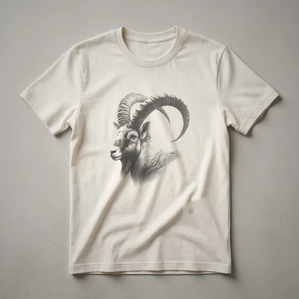A black and white sketch of an ibex in profile, rendered in a vintage art style, on a white t-shirt.