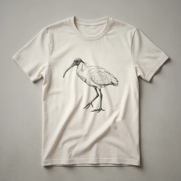 A black and white vintage line drawing of an Ibis bird is printed on the front of a t-shirt.